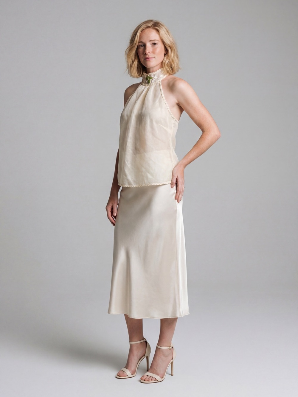 vintage Y2k Max Studio halter mock neck top cream sheer overlay Linen Resortwear - Picture 5 of 16